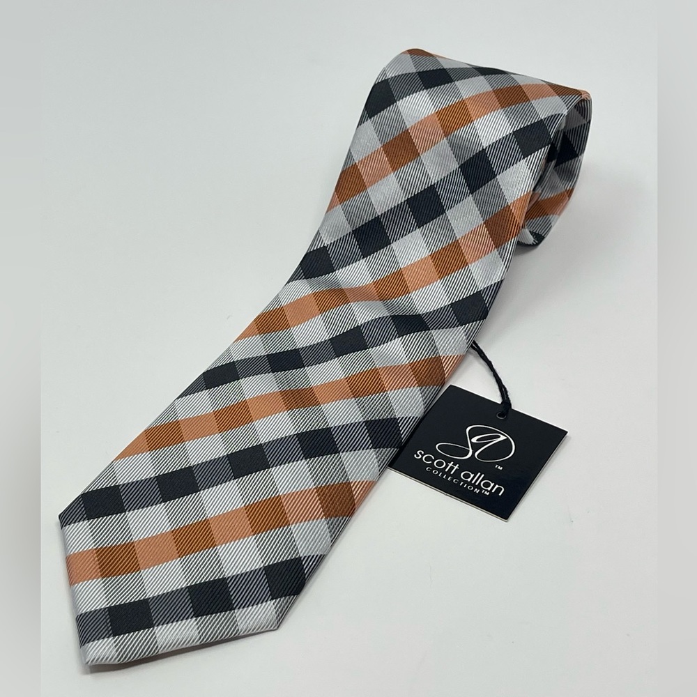 SCOTT ALLEN COLLECTION: Plaid Neck Tie. Orange, Gray, Black Plaid. NEW